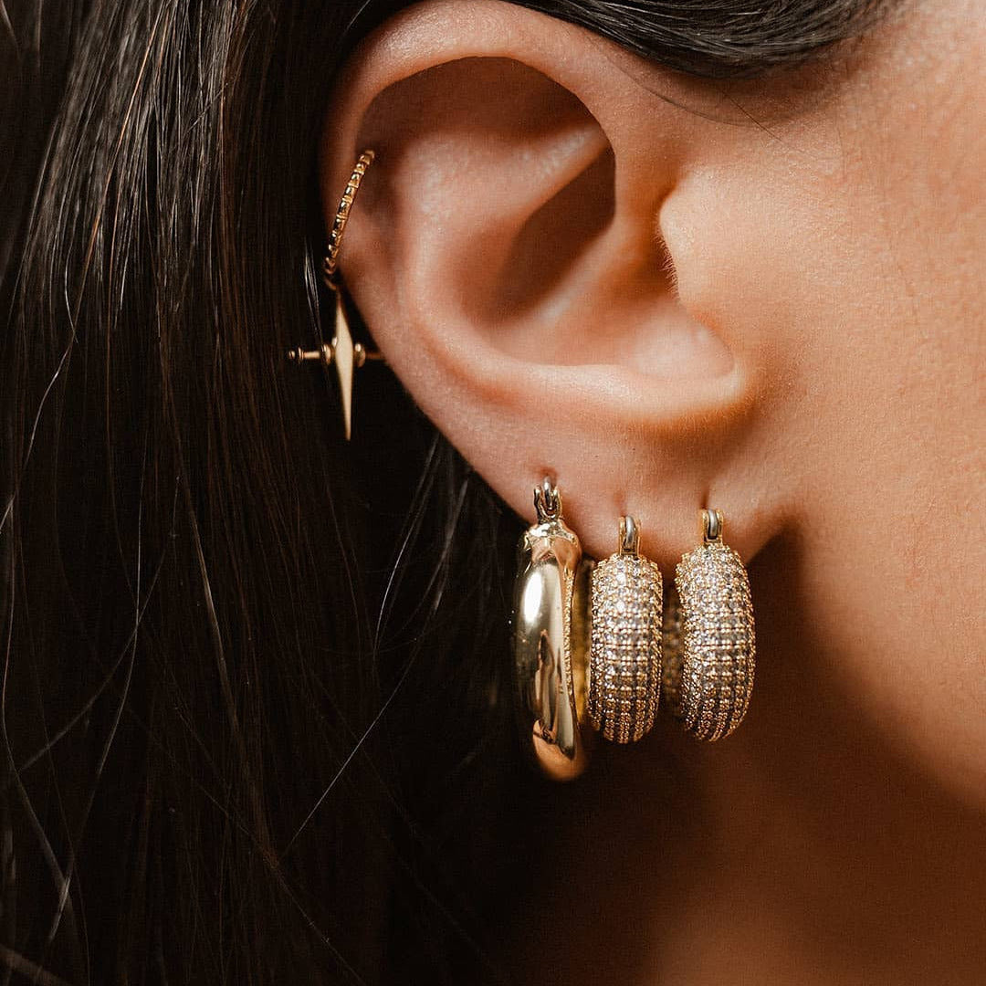 2H French Style New Fashion Versatile18k Gold Plated Stainless Steel Earrings Inlaid with White Cubic Zirconia Hoop Earrings