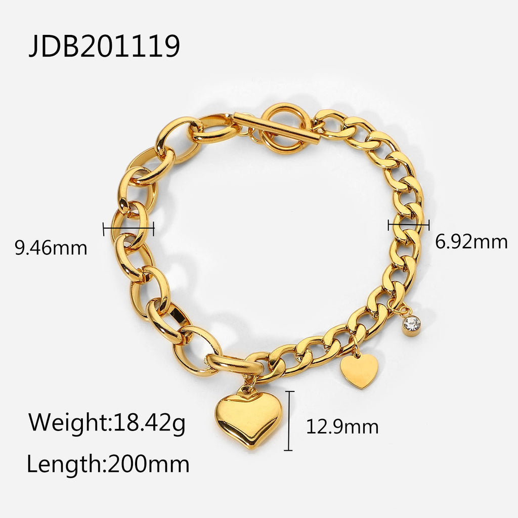 Cuban Chain Oval Chain Double Heart Small Round Zircon Pendant OT Buckle Bracelet18K Gold-plated Stainless Steel Chain