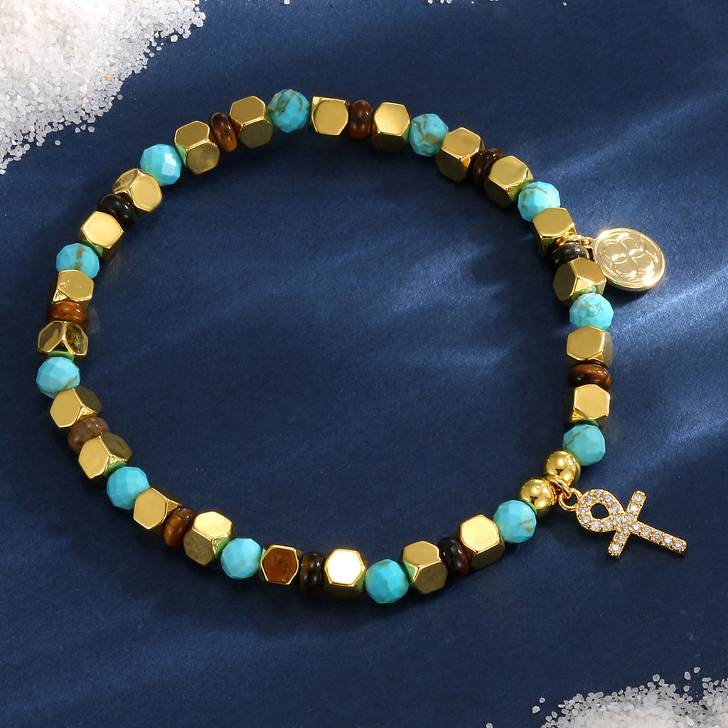 B0293 Geometric Cross Inlaid Zircon Beaded Blue Pine Tiger Eye Stone Bracelet