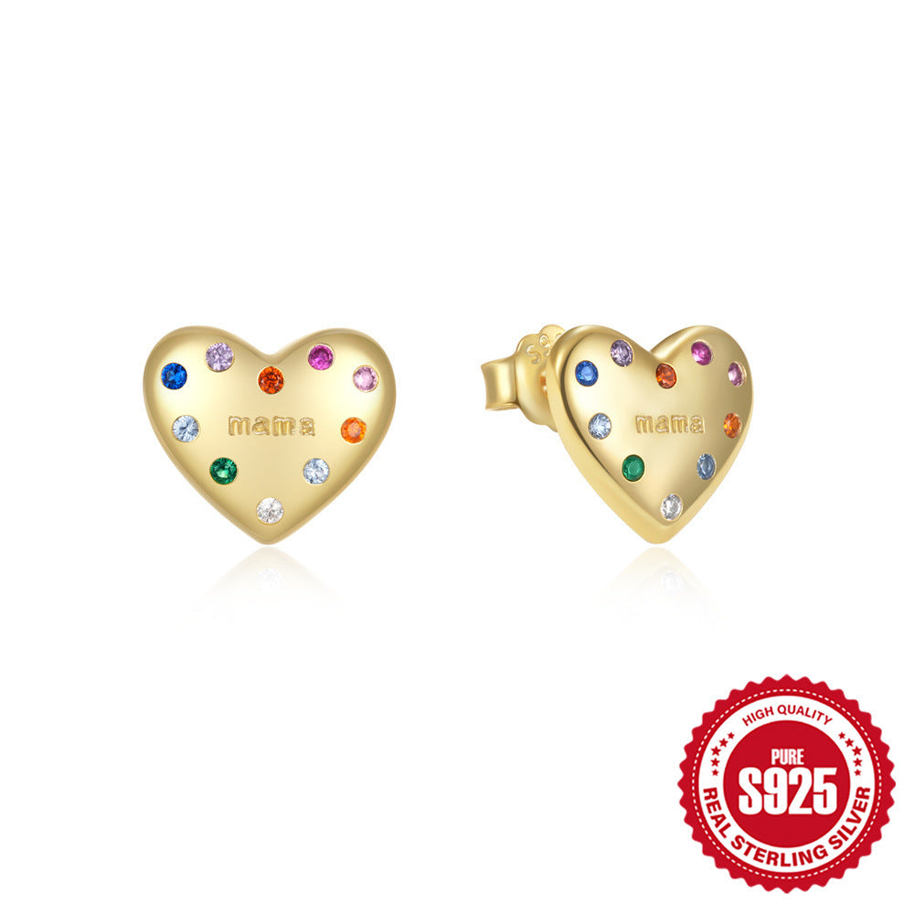 New925Sterling Silver Heart-Shaped Colored Diamond Oil Drop Earrings Hot-Selling Inlaid Diamond Mother's Day Earrings for Women