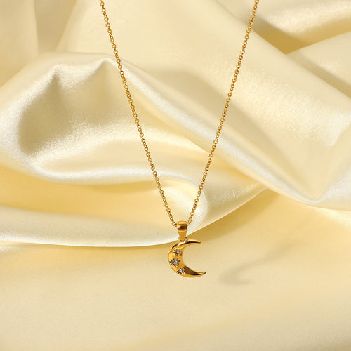 Crescent Moon Cubic Zirconia Pendant Stainless Steel 18K Gold-Plated Necklace — front view