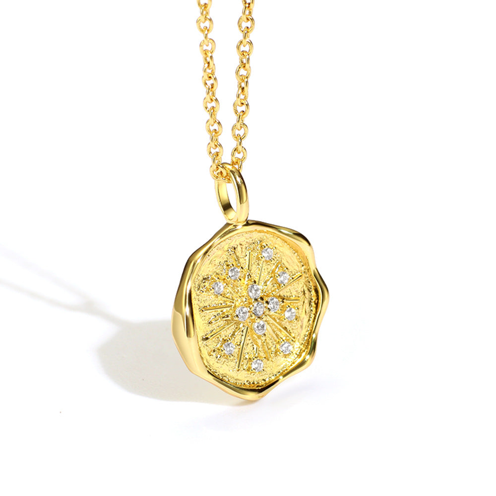 Star Postmark Round Pendant Necklace Simple Design Retro Collarbone Chain for Women