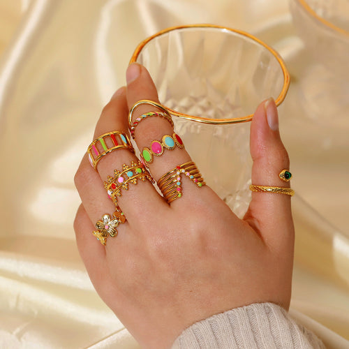 18K Gold-Tone Geometric Enamel Open Stainless Steel Ring for private-label fashion jewelry buyers