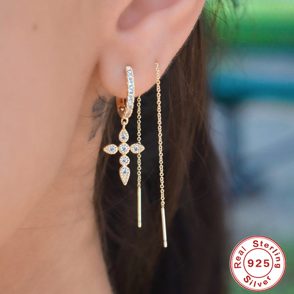 S925Sterling Silver Tassel Inlaid Diamond Mini Pentagram Ear Thread Earrings Korean and Japanese Style Women's Ear Jewelry