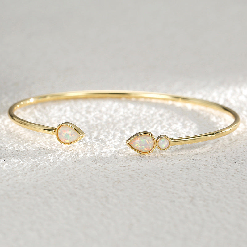 B0088 Brass Gold-Plated Bracelet for Women Inlaid with Opal Adjustable Open Water Drop Shape