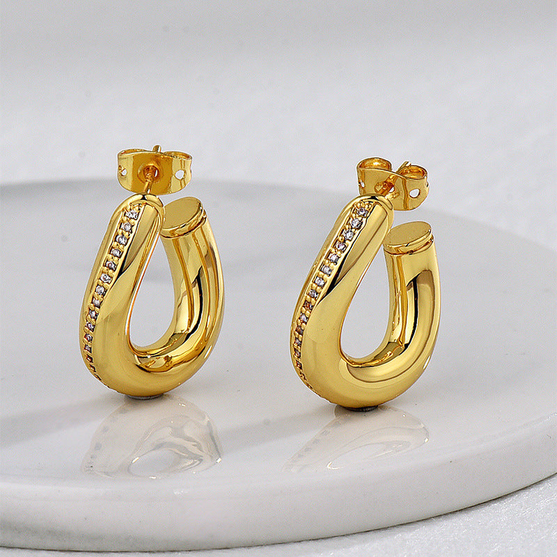 E0639 Design Sense Irregular Twisted Earrings for Women Copper Plated Real Gold Micro Inlaid Zircon Earrings