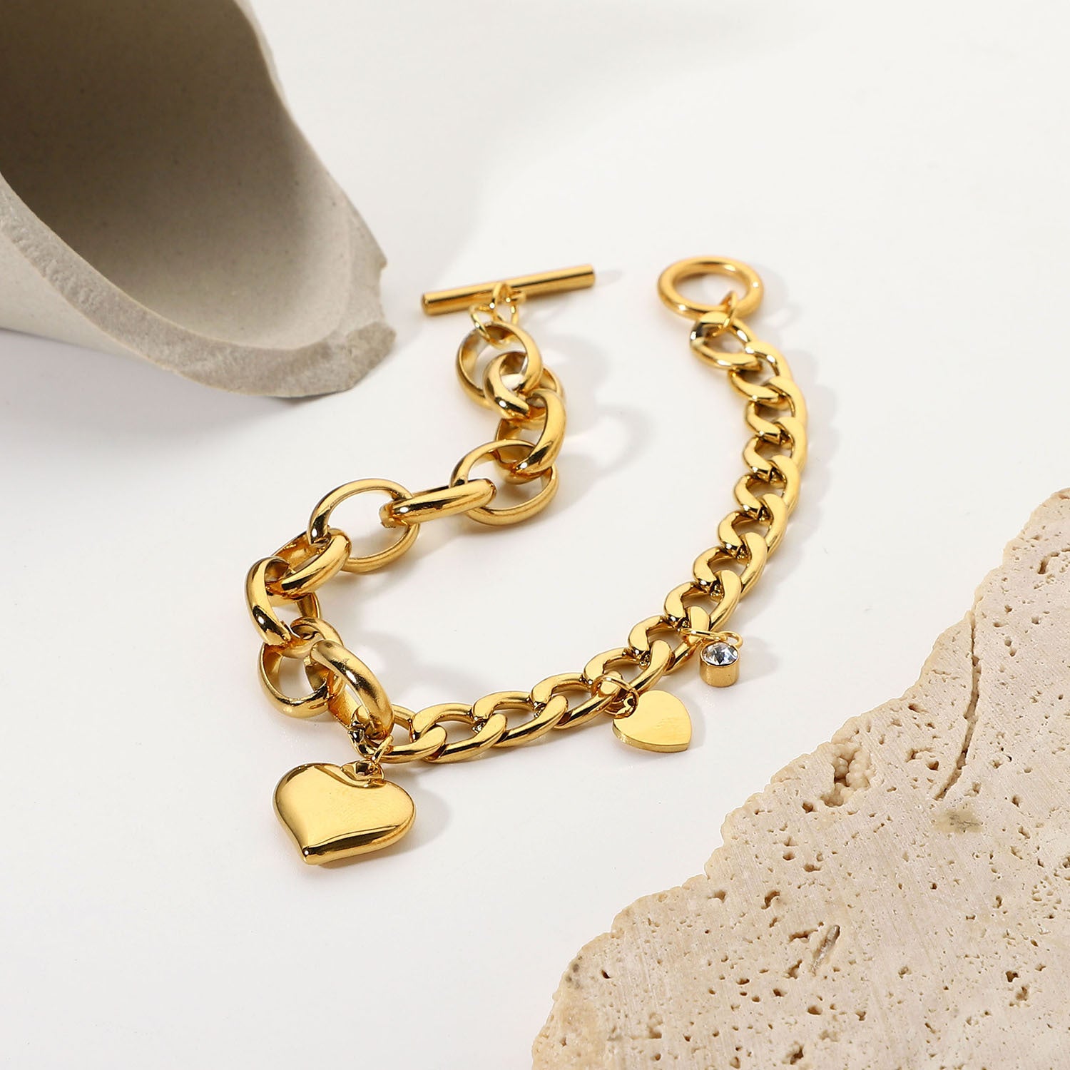 Cuban Chain Oval Chain Double Heart Small Round Zircon Pendant OT Buckle Bracelet18K Gold-plated Stainless Steel Chain