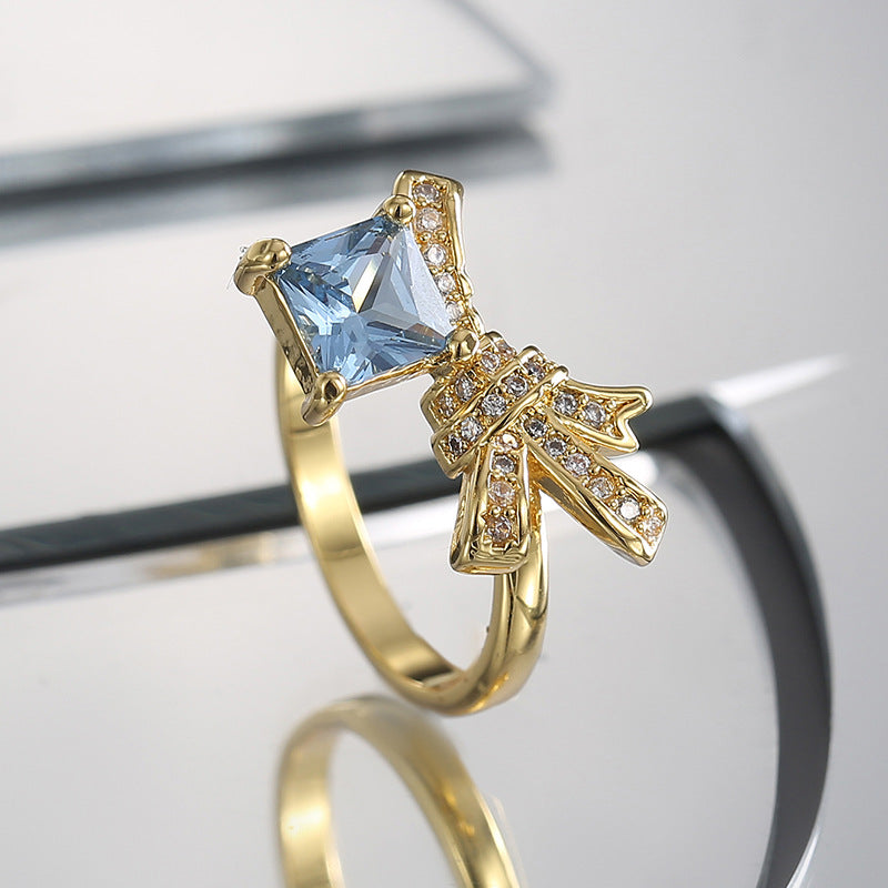 R0492 Design Gift Knot Ring Female Brass Gold Plated Inlaid Blue Square Zircon