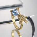 R0492 Design Gift Knot Ring Female Brass Gold Plated Inlaid Blue Square Zircon