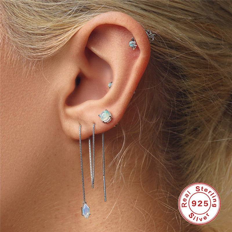 S925Sterling Silver Octagonal Diamond-Studded Opal Earrings Korean and Japanese Style opal Minimalist Earrings