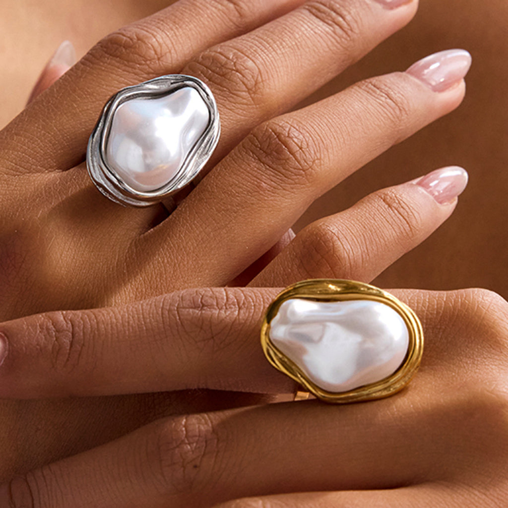 Baroque Pearl Stainless Steel Ring in Gold-Tone for boutique wholesale jewelry collections