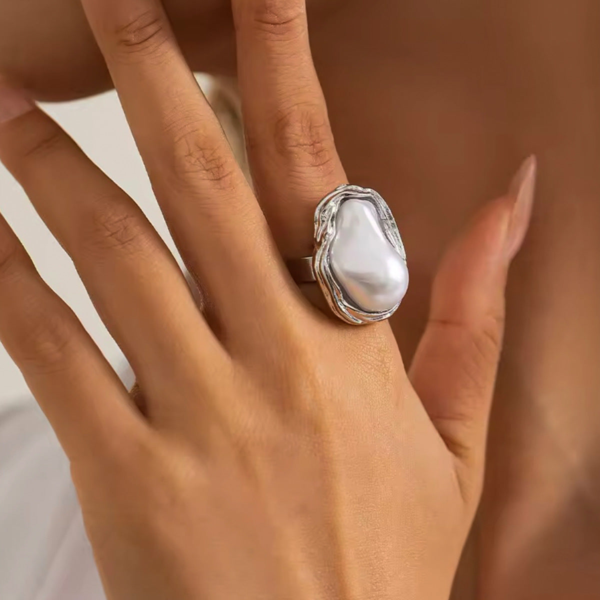 Baroque Pearl Stainless Steel Ring in Gold-Tone featuring pearl detailing