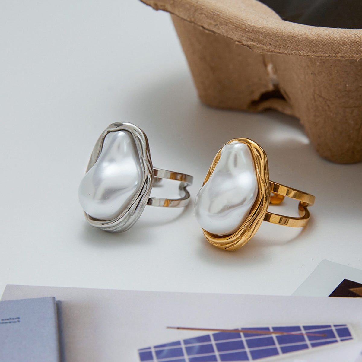 Baroque Pearl Stainless Steel Ring in Gold-Tone with pearl design details