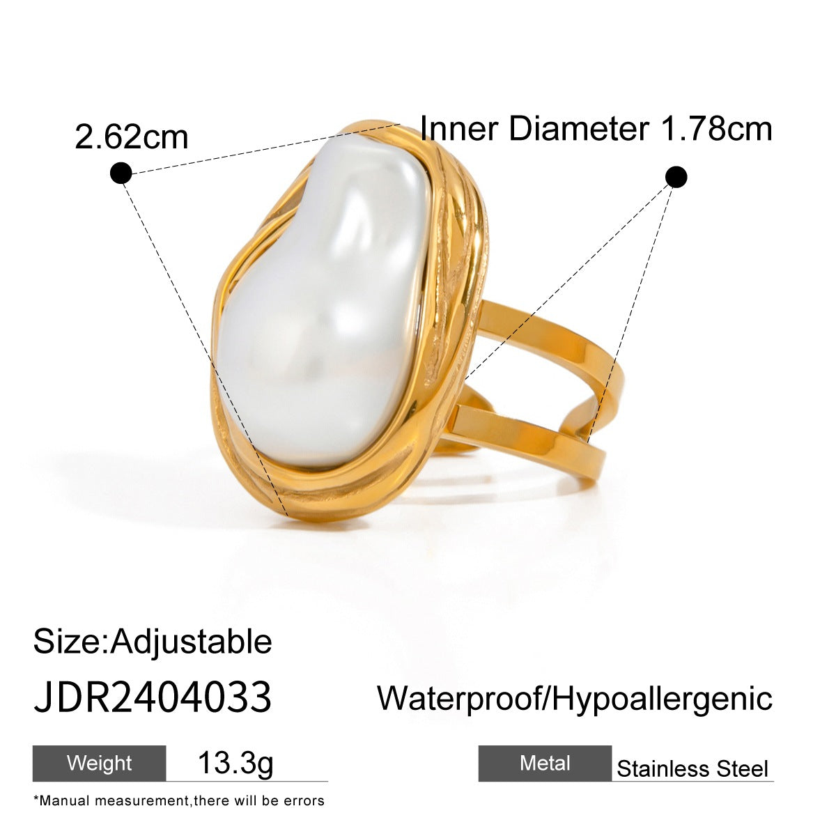 Baroque Pearl Stainless Steel Ring in Gold-Tone with gold-tone stainless steel construction