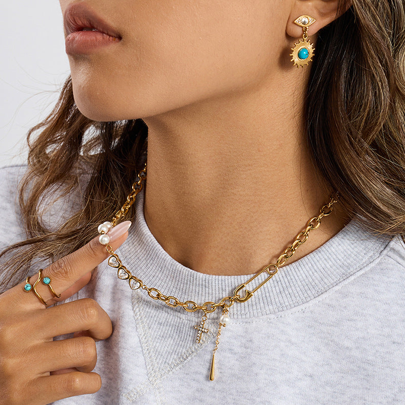 Stainless Steel Zircon Paperclip Necklace Collarbone Chain Non-Fading Jewelry