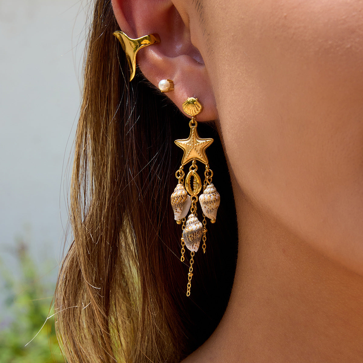 2H Stainless Steel Coral Tassel Earrings Stud Conch Ear Jewelry Accessories