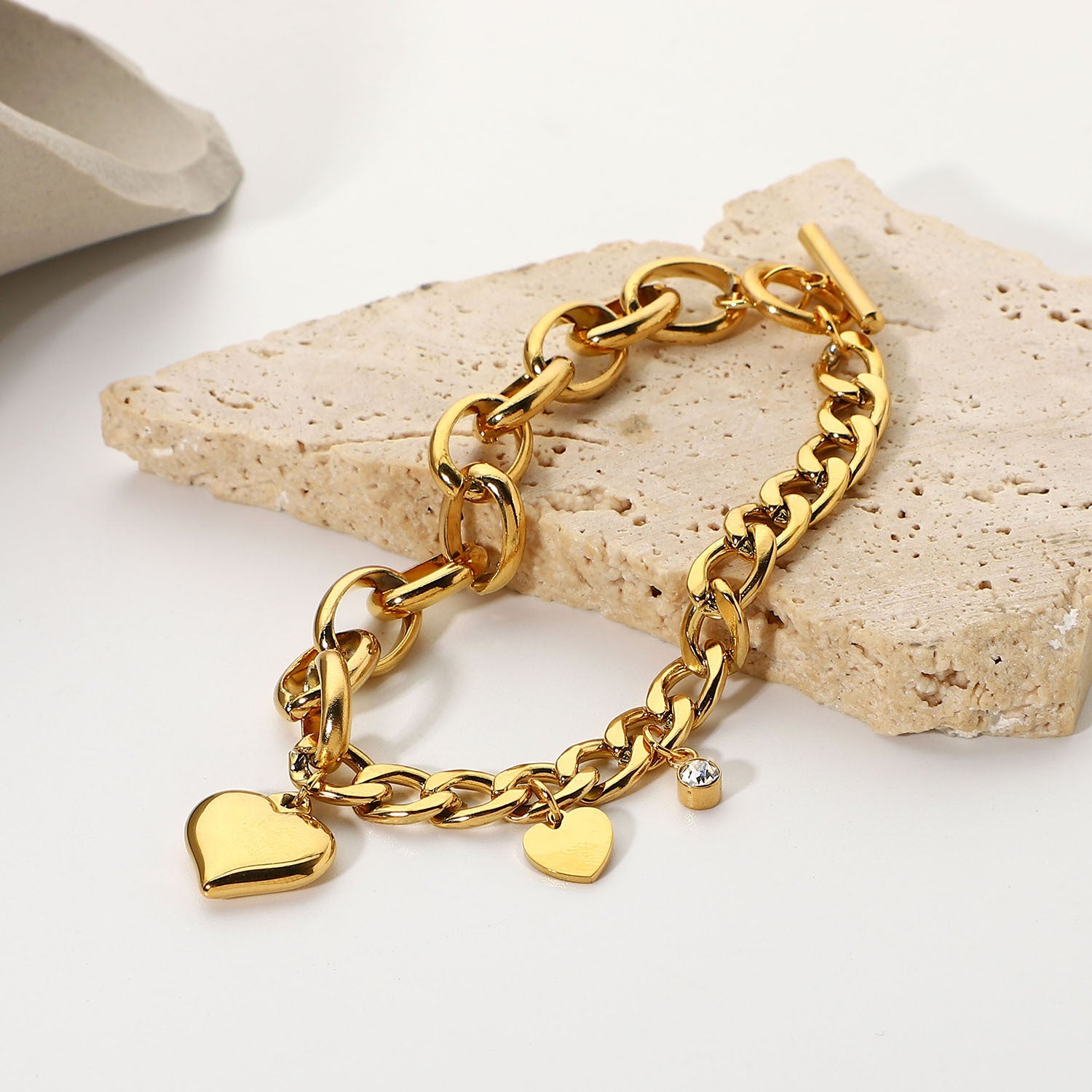 Cuban Chain Oval Chain Double Heart Small Round Zircon Pendant OT Buckle Bracelet18K Gold-plated Stainless Steel Chain
