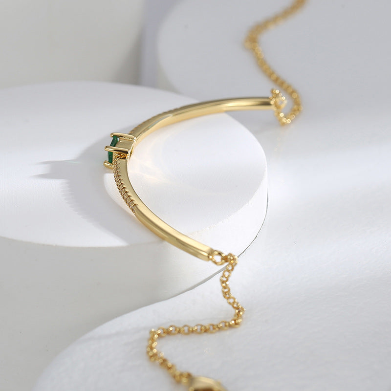 B0168 Minimalist Monochrome Nearly Curved Half Circle Bracelet for Women Fashion Retro Cool Style Green Zircon