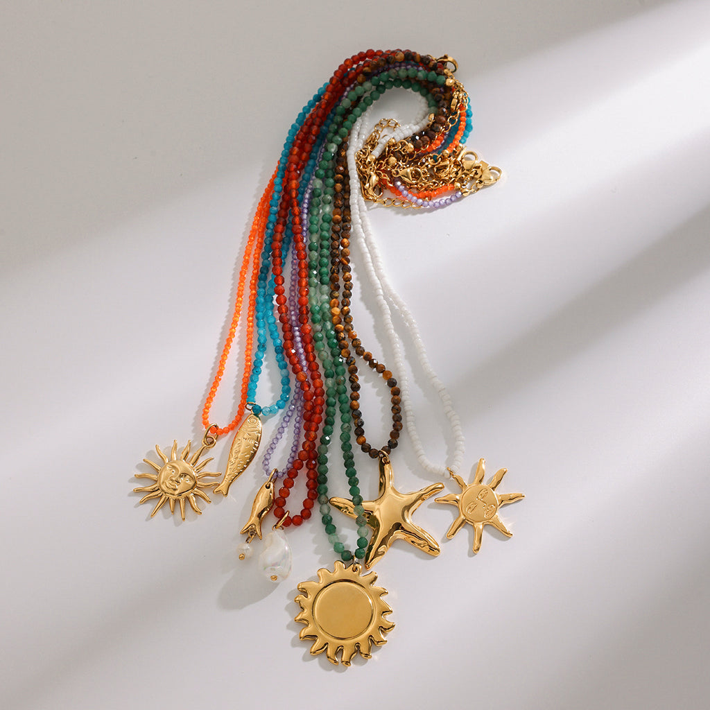 2H Stainless Steel Vacation Style Beaded Necklace Jewelry for Women, Non-Fading Collarbone Chain