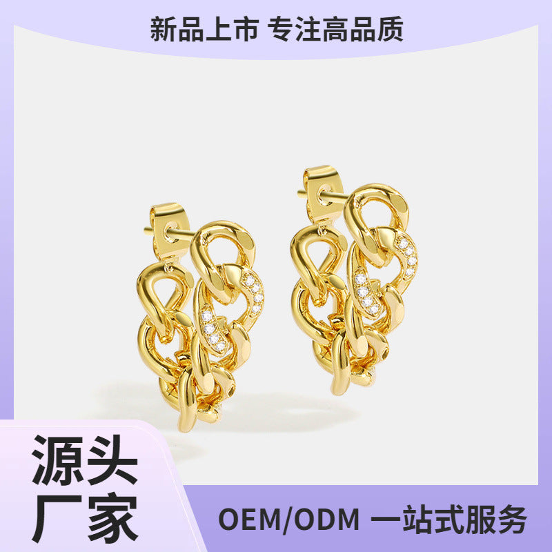 E0122 Minimalist Metal Chain Inlaid Diamond Earrings Fashion Front and Back Design Stud Earrings