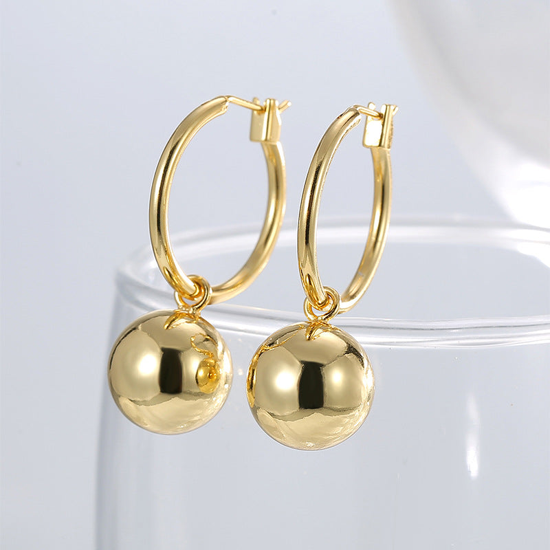 E0788 Simple Round Ball Earrings for Women, Brass Gold-Plated, Elegant Smooth Geometric Large Hoop Earrings