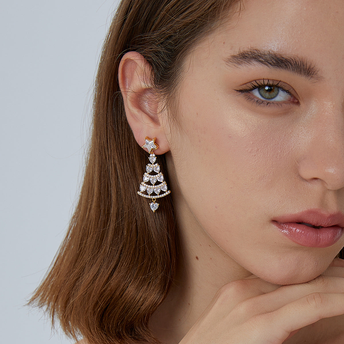 E0541 Christmas Fashion Christmas Tree Earrings for Women Copper Gold Plated Zirconia Drop Earrings
