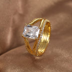 R0387 Simple Design Ring for Women, Brass with Gold Plating and Square Zircon Inlay