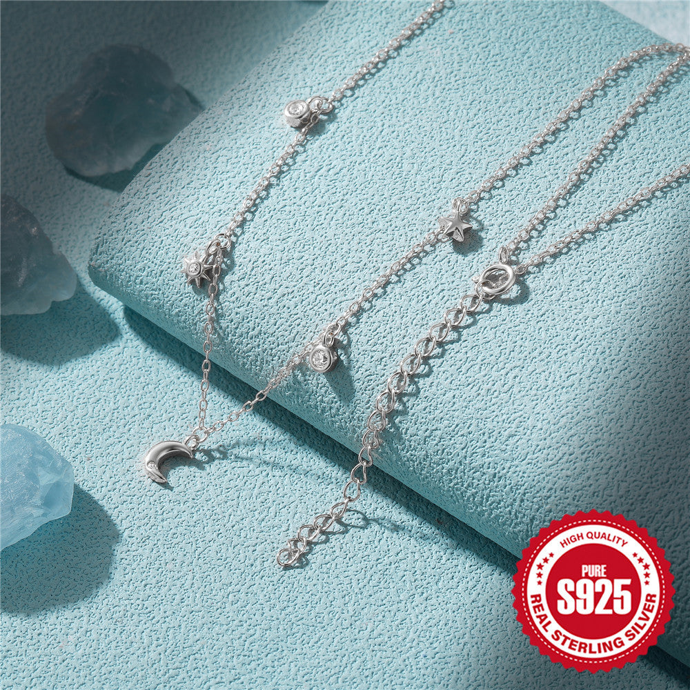 Sterling Silver Star Moon Diamond Necklace Stacked Collarbone Chain