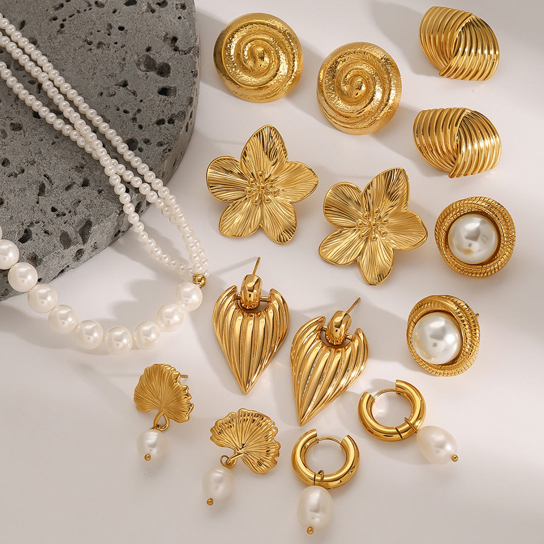 Stainless Steel Pearl Necklace Exaggerated Flower Stud Earrings Jewelry earrings