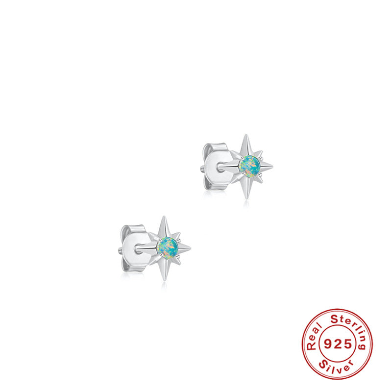 S925Sterling Silver Octagonal Diamond-Studded Opal Earrings Korean and Japanese Style opal Minimalist Earrings