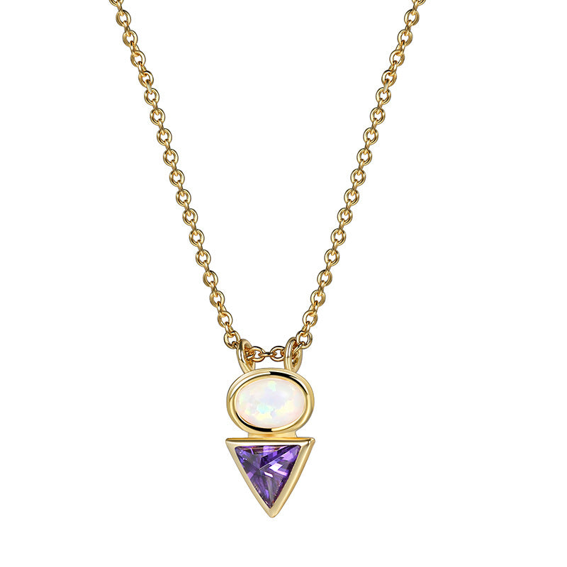 N0175 Iridescent Opal Triangle Purple Zircon Pendant for Women Simple Style Opal Collarbone Chain