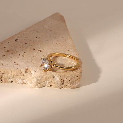 18K Gold-Plated Brass Round CZ Adjustable Ring with cubic zirconia design details