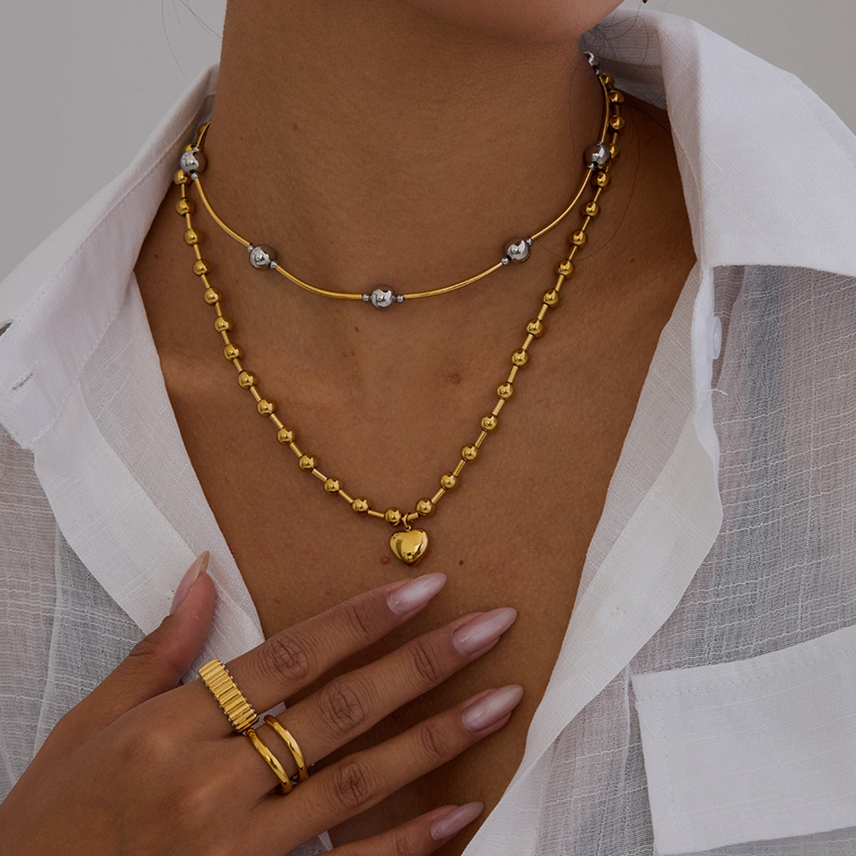 2H Stainless Steel Heart Necklace Simple Earrings Non-Fading Jewelry for Women