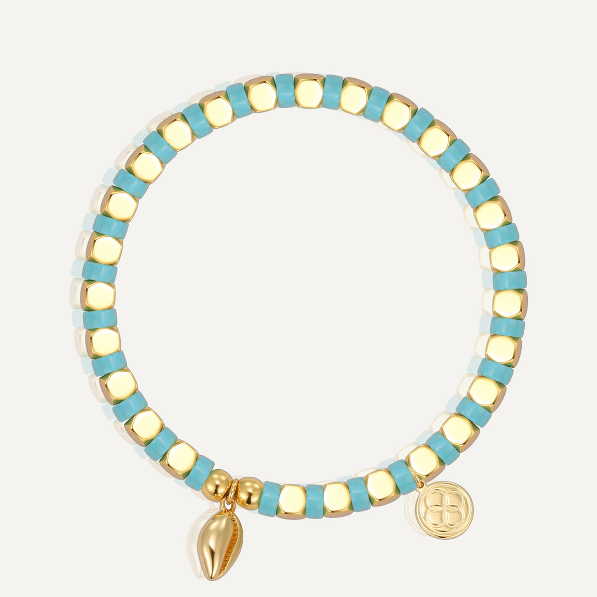 B0253 Bohemian Ocean Conch Copper Plated14k Gold Beaded Turquoise Bracelet