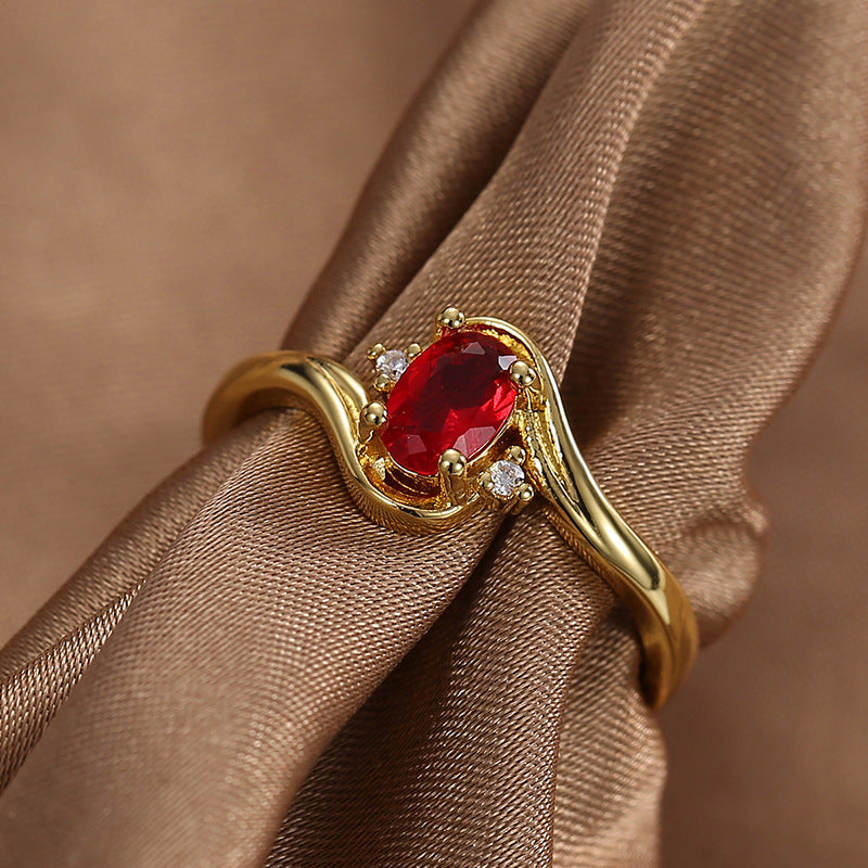 R0383 Simple Fashion Elegant Red Zircon Ring for Women Vintage Versatile Tail Ring