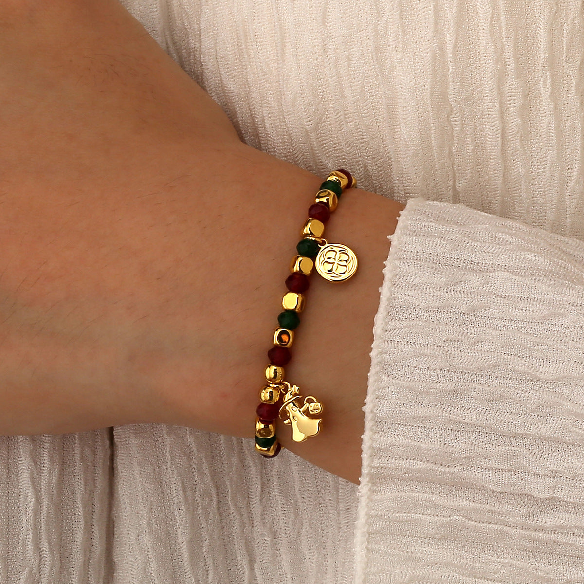 B0337 Cute Ghost Pendant Copper Plated18k Gold Bracelet Chalcedony Stone Beads