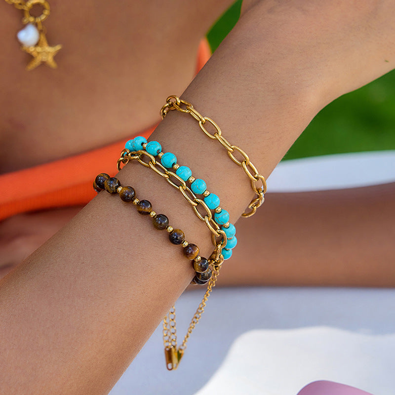 2H Stainless Steel Blue Turquoise Tiger Eye Stone Bracelet Stackable Non-Fading