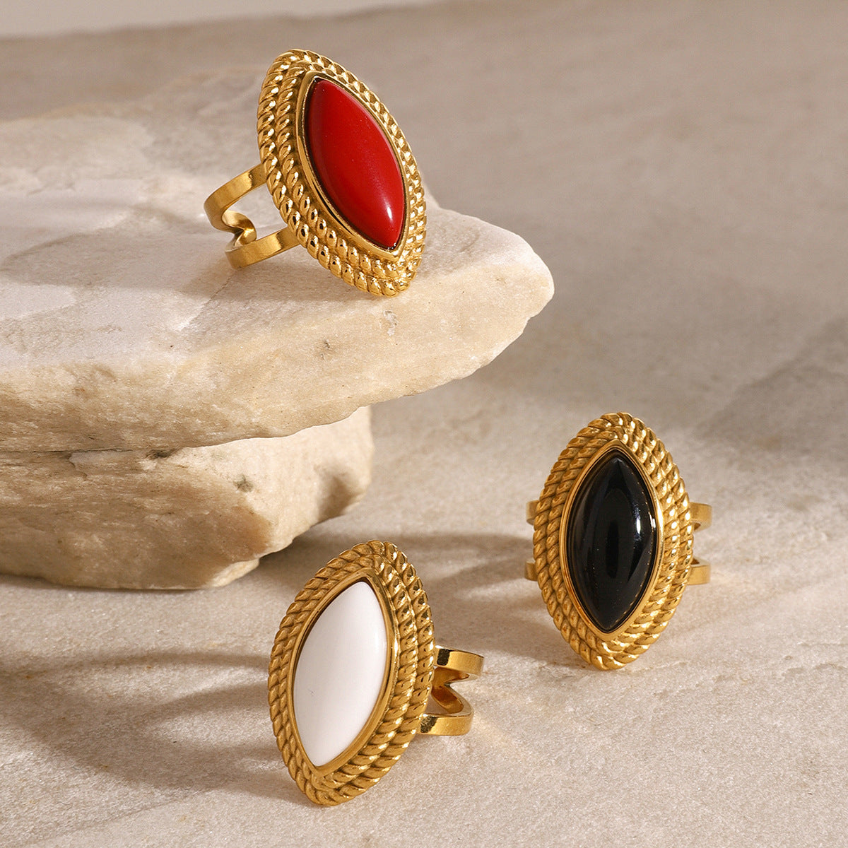 Stainless Steel18K Gold and Black Agate Open Ring Heavy Craft Retro Export Jewelry for Women