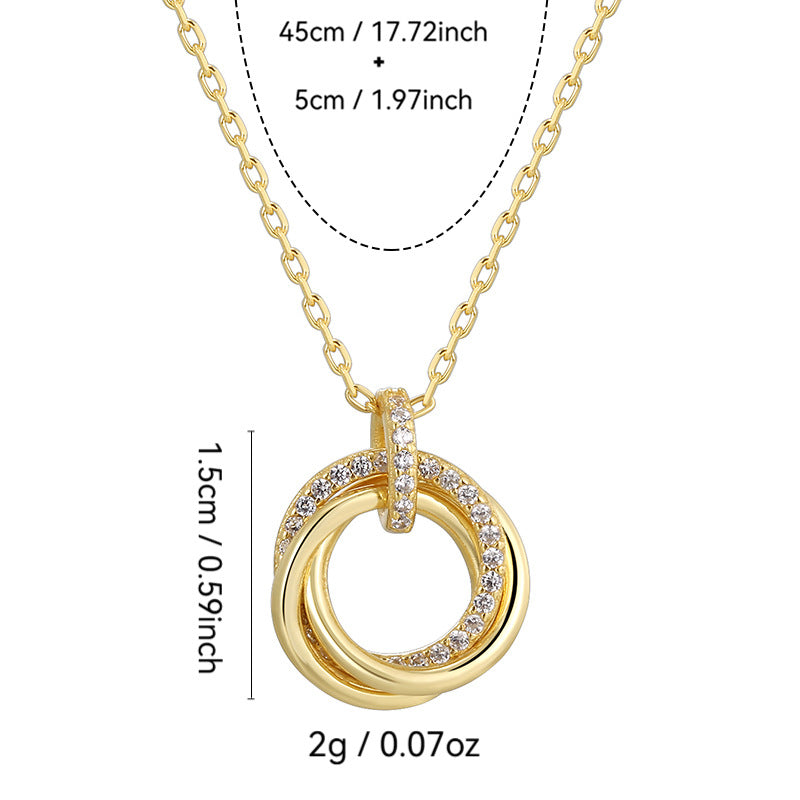 S925 Silver Three Ring Necklace With Collarbone Chain Pendant