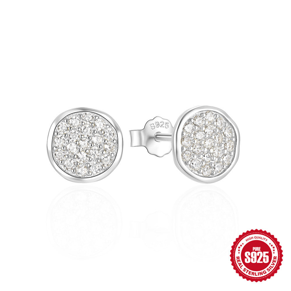 New925Pure Silver Classic Simple Round Shape C Stud Earrings with Inlaid Diamonds, Minimalist Design Sense, Korean and Japanese Style