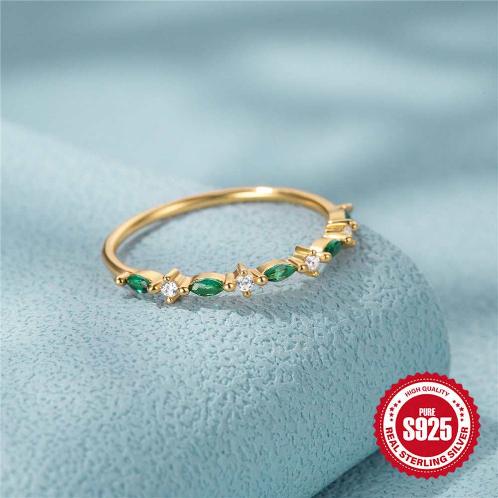 S925Pure Silver Sweet Small Ring Green Zircon Ring Forest Style Matching Daily Multi-Diamond Ring