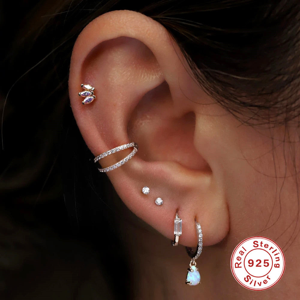 S925Sterling Silver Double Layer Diamond-Studded Cartilage Piercing Ear Bone Stud Nose Stud Minimalist Smooth Nose Ring Trendy Ear Cartilage