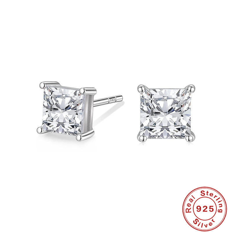 S925Sterling Silver Geometric Square Super Sparkling Diamond Stud Earrings Korean and Japanese Elegant Stud Earrings Jewelry