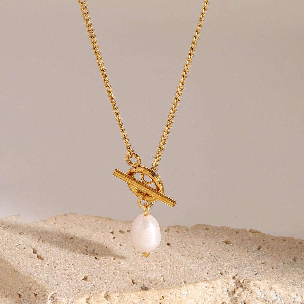 2H Stainless Steel 18k Gold Pearl Pendant Necklace Elegant Non-Fading Collarbone Chain Jewelry