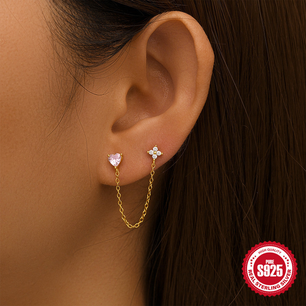 S925Sterling Silver Moon Heart Tassel Inlaid Diamond Ear Thread Hoop Earrings Stud Earrings Hot Sale Evil Eye Ear Jewelry