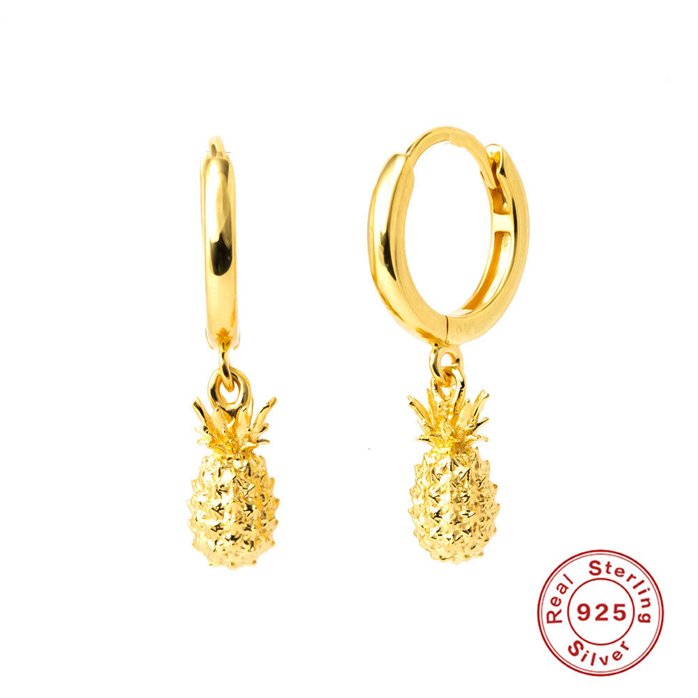 S925Pure Silver Fruit Earrings Pineapple Hoop Earrings Ear Clips Ear Pendants Fashionable Unique Creative Earrings