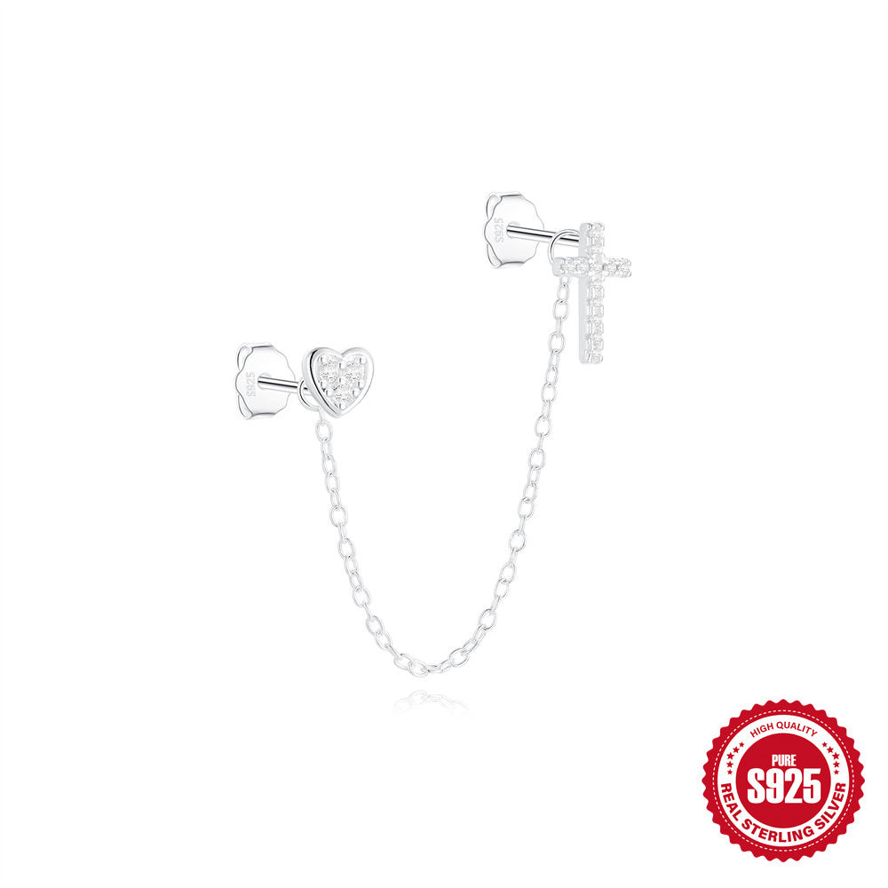 S925Sterling Silver Star Moon Tassel Chain Diamond Earrings Korean Style Love Heart Design Bright Silver Earrings for Women