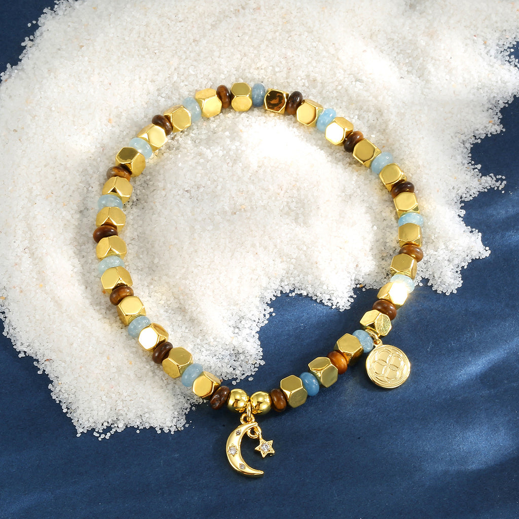 B0276 Vintage Star and Moon Inlaid Zircon Beaded Chalcedony Tiger Eye Stone Bracelet Trendy