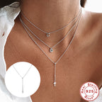 S925 Sterling Silver Y Cross Pendant Necklace With Beaded Chain