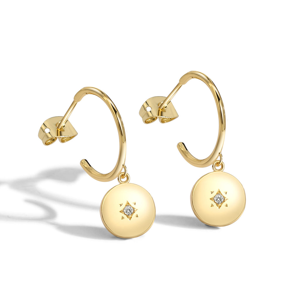 E0225 Round Wind Diamond-Studded Hoop Earrings for Women, Minimalist Style Star Earrings